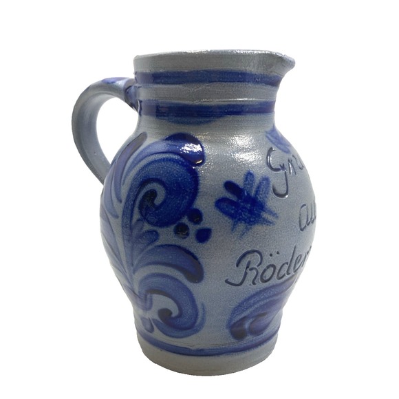 Unmarked Other - Vintage German Salt Glaze Pitcher Handle Blue Stripe 1/2 L  5.75"